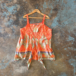 Vintage Y2K Boho Top Size XL Sleeveless Whimsigoth Orange Paisley Beads Festival